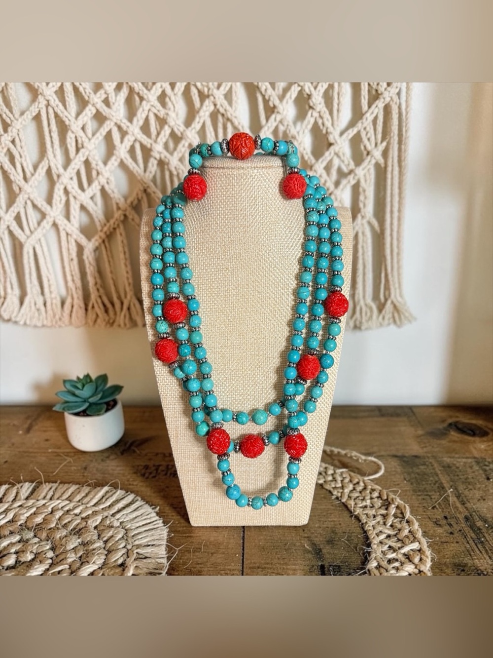 💙♥️Boho Faux Turquoise & Carnelian Beaded Necklace, Bracelet,& Earrings/NIB💙♥️